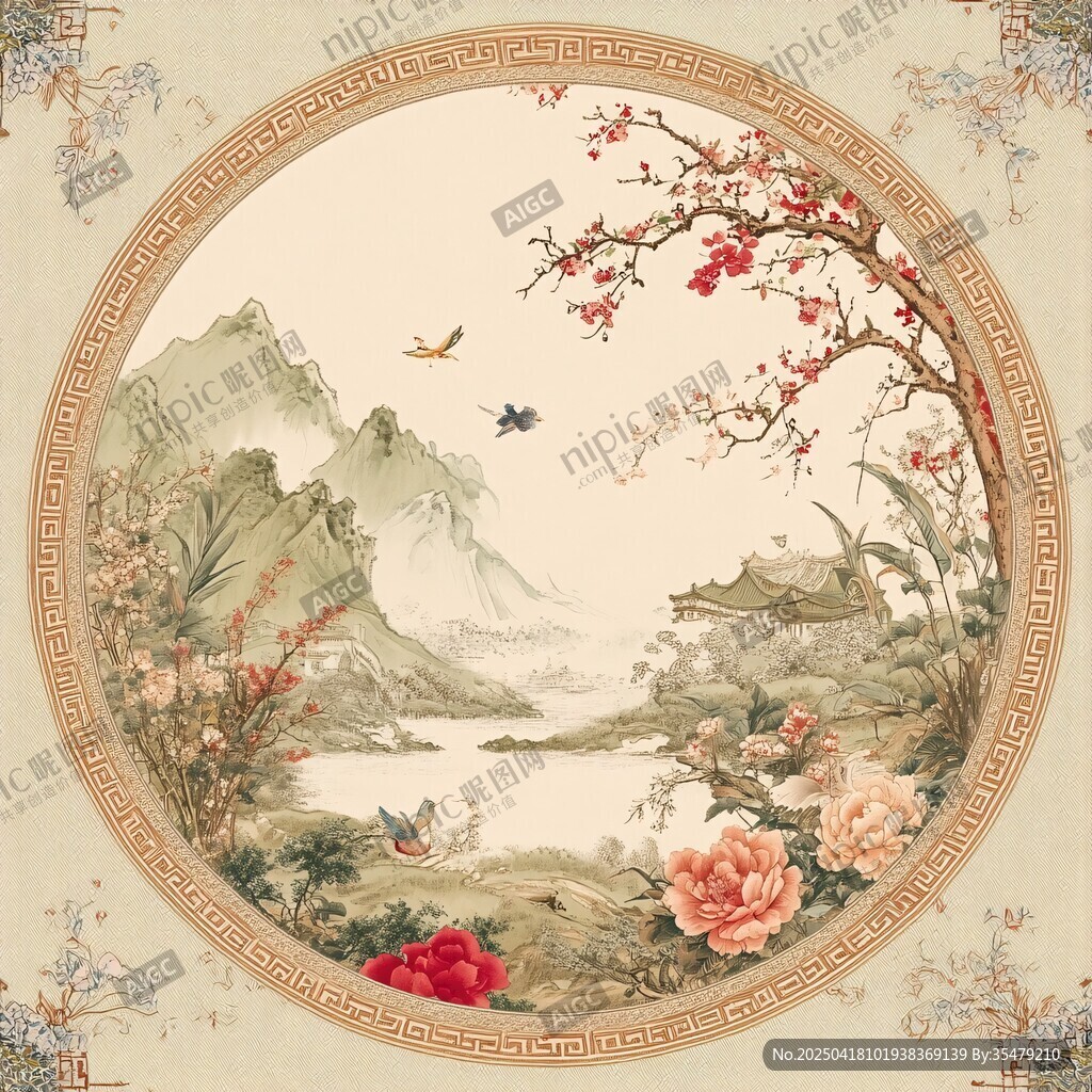 中式花鸟山水圆形古典画