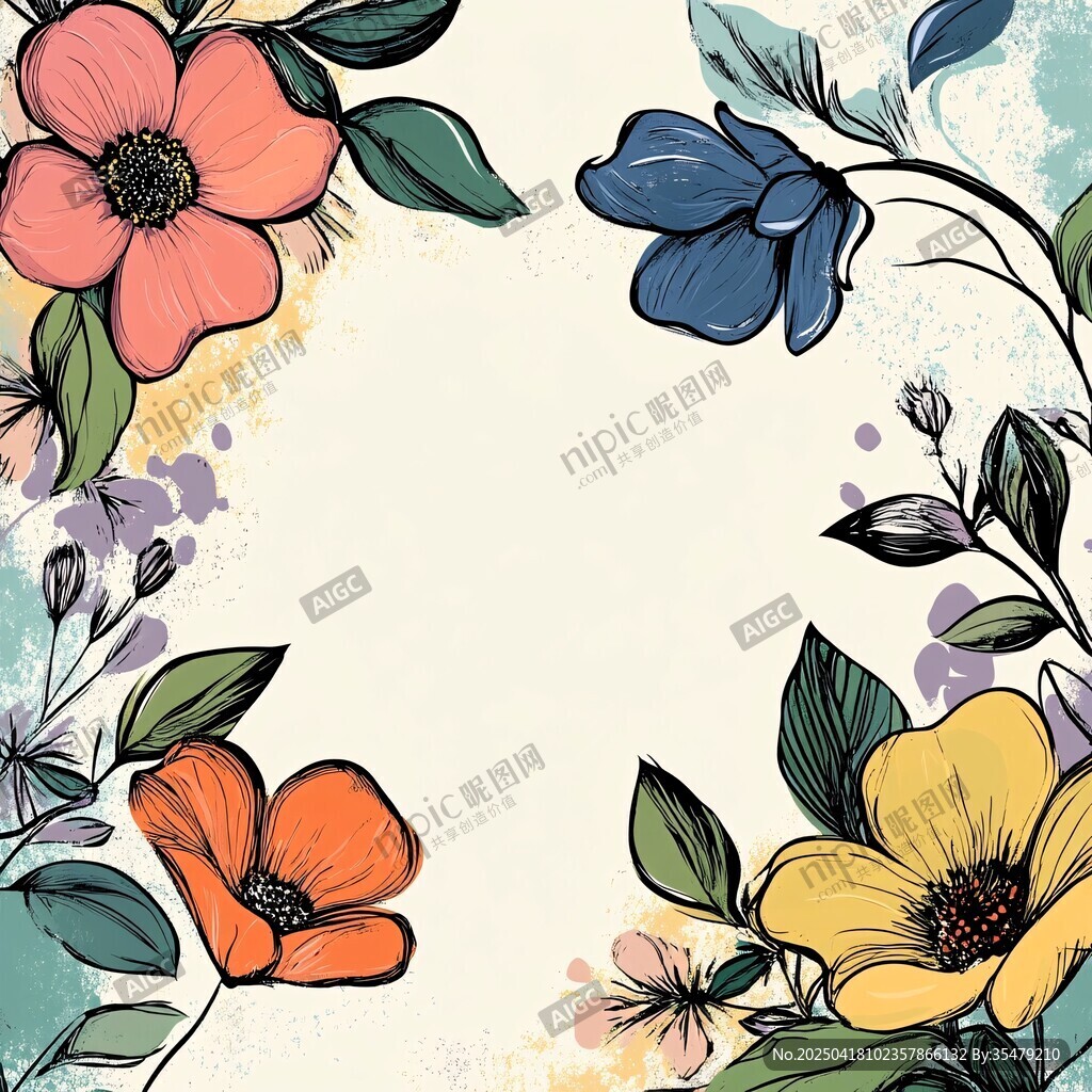 手绘多彩花卉边框背景图