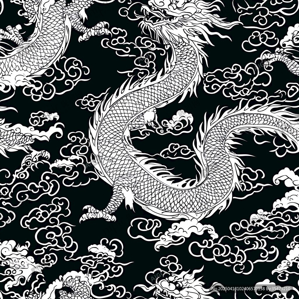 中式龙纹云纹黑白图案