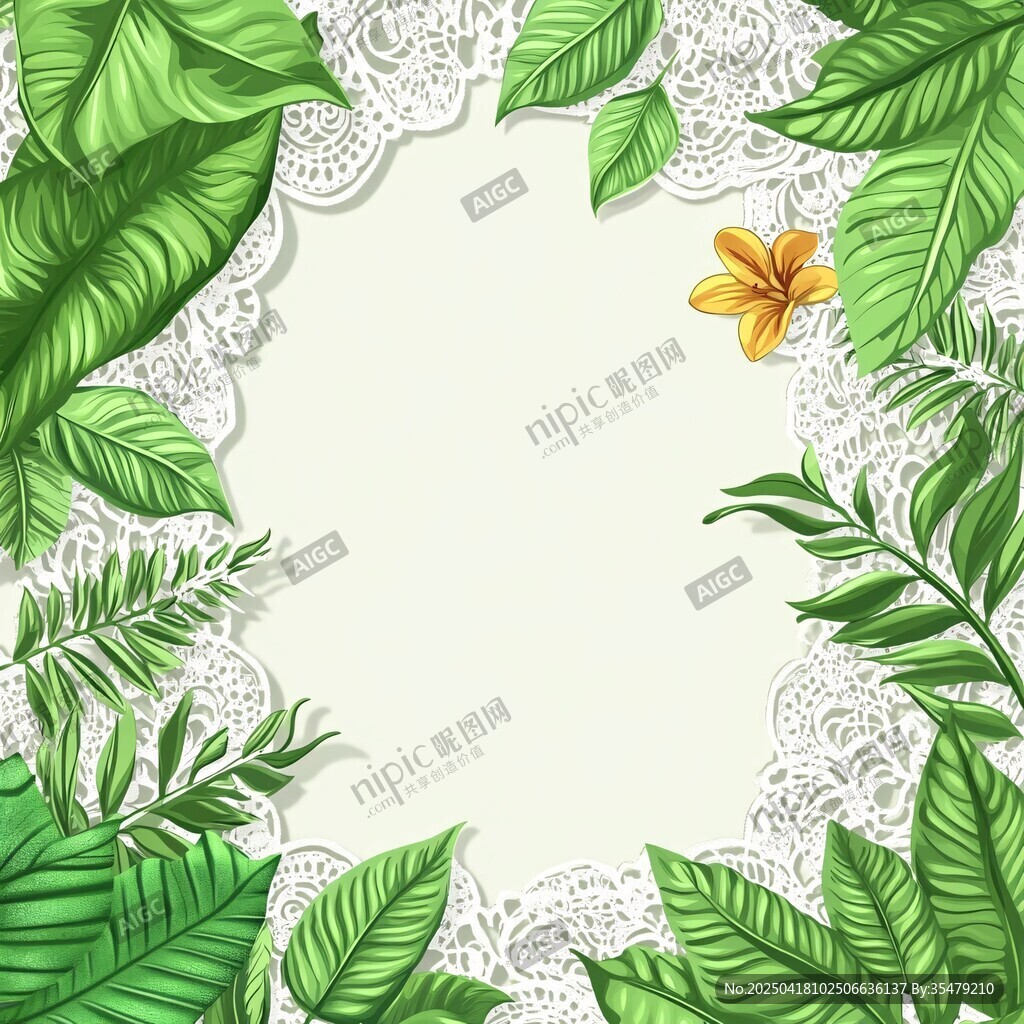 绿叶蕾丝边框花卉背景图
