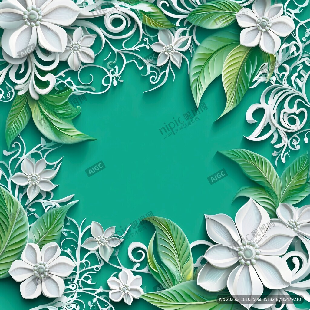 绿底白花精致剪纸风边框