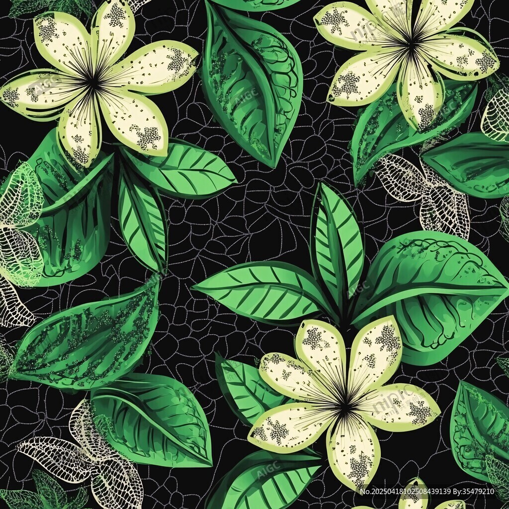 黑色背景绿叶白花图案