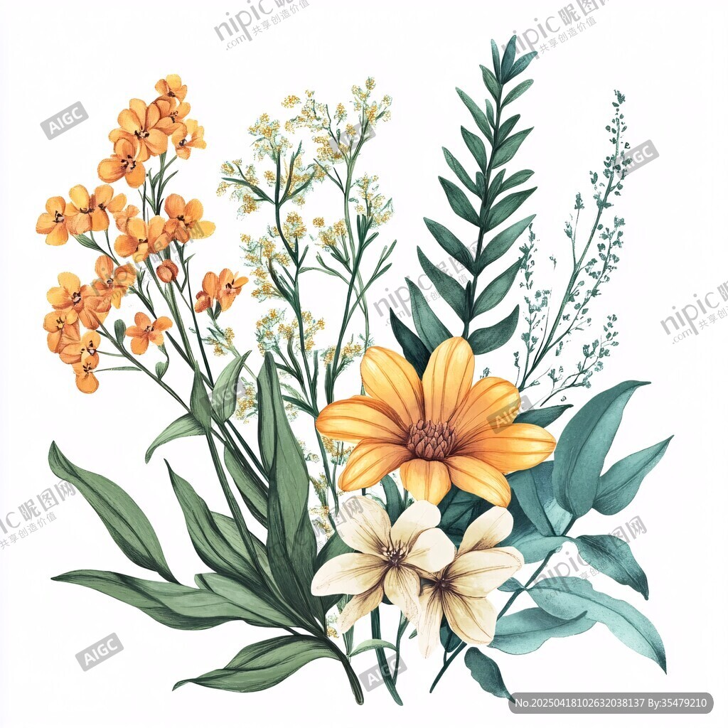 橙黄花卉绿叶插画组合