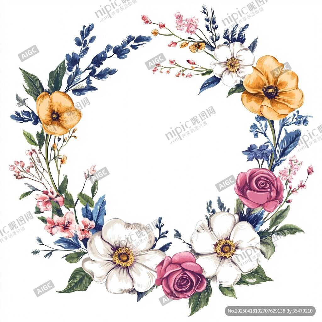 手绘多彩花卉花环图案