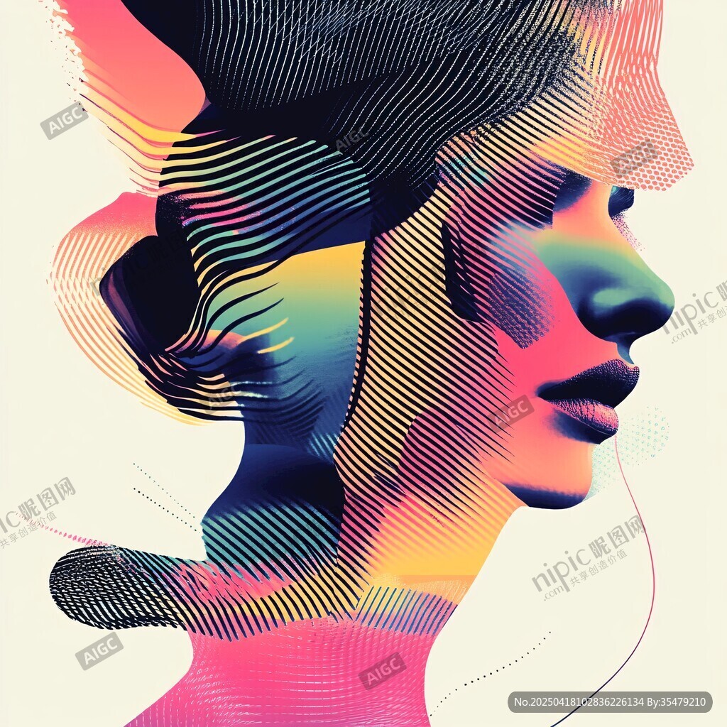 梦幻线条勾勒的多彩女性侧影