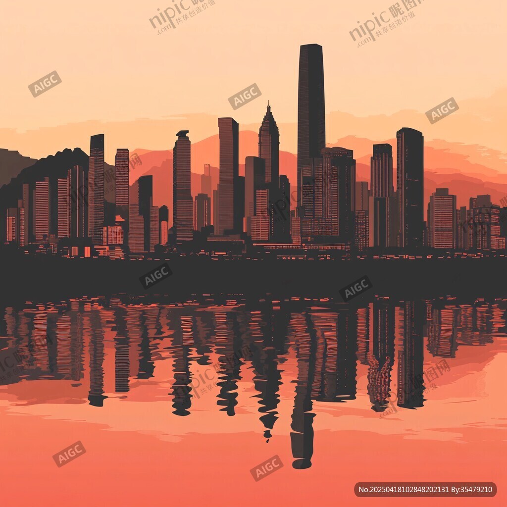 黄昏下的城市天际线倒影
