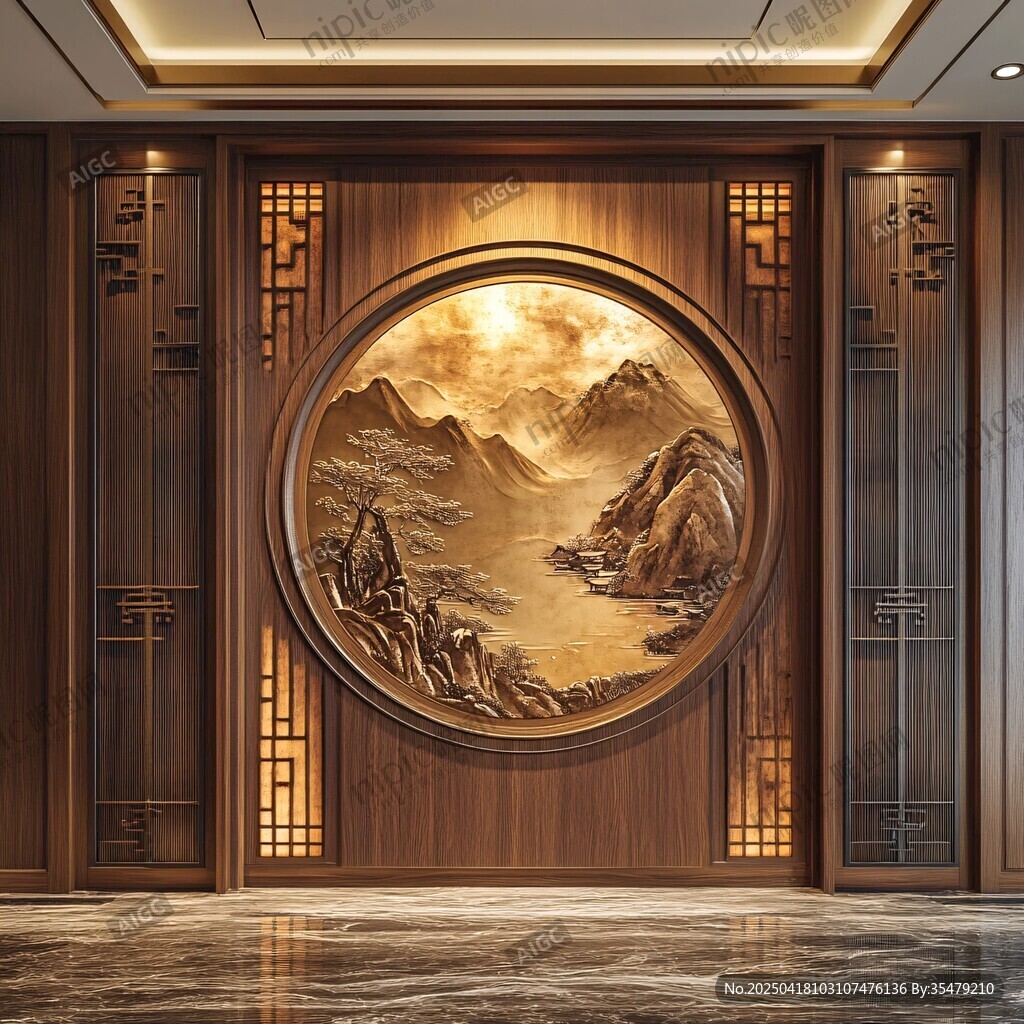 中式木雕山水玄关装饰画
