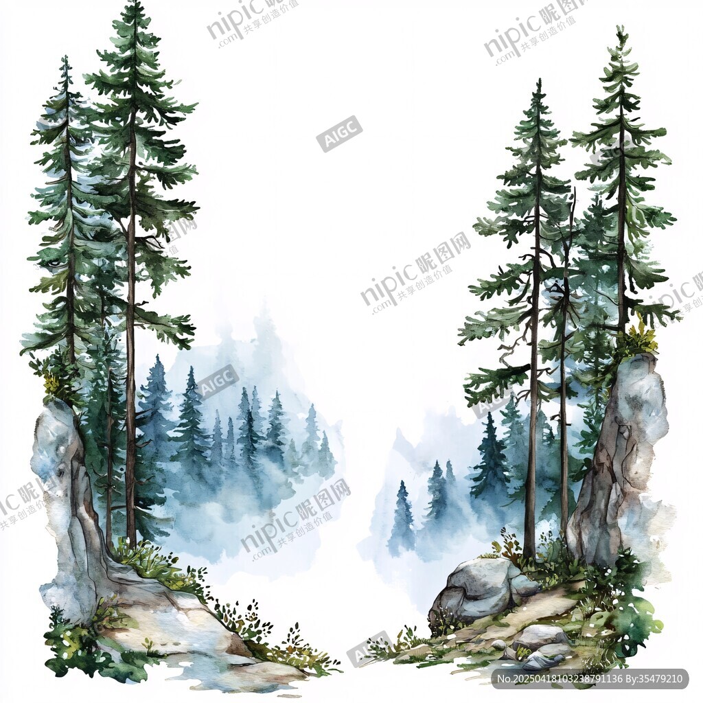水墨风山林间松景插画