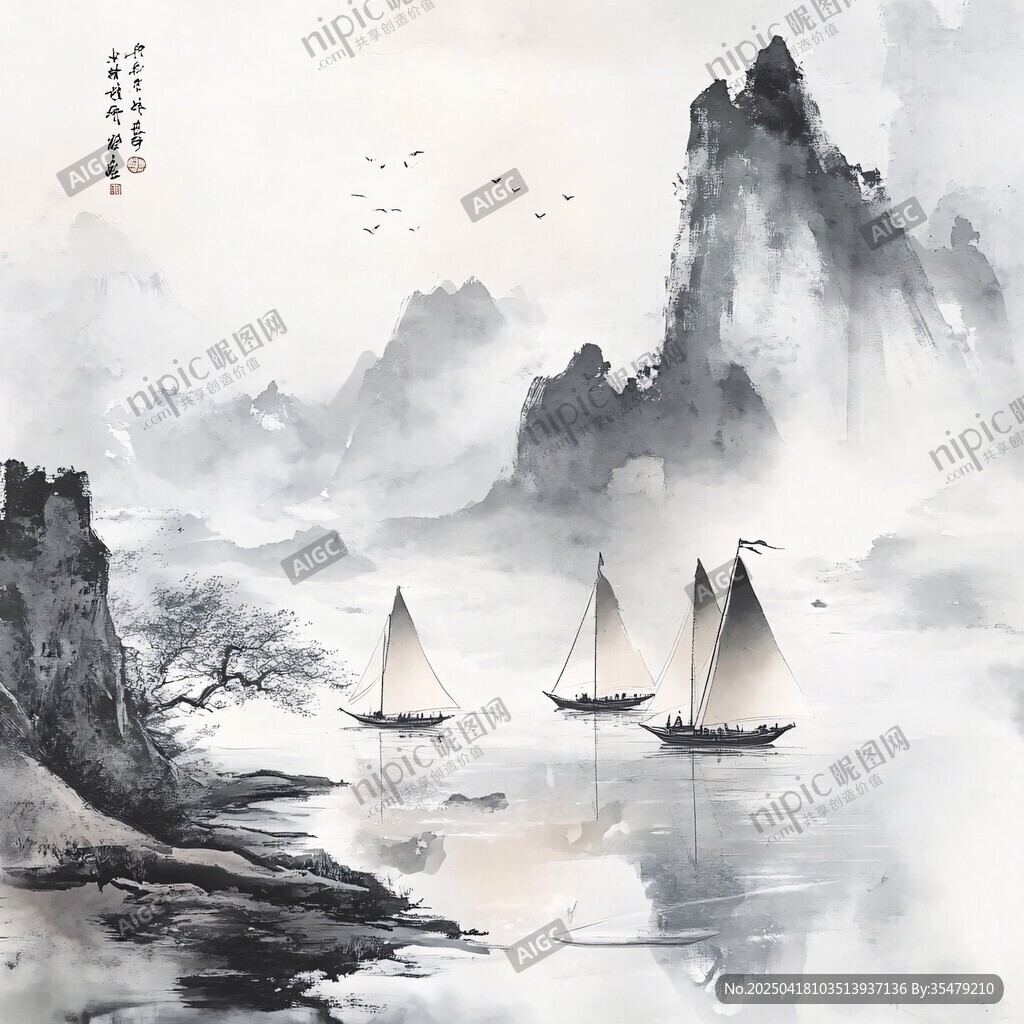 水墨山水间的帆船景致