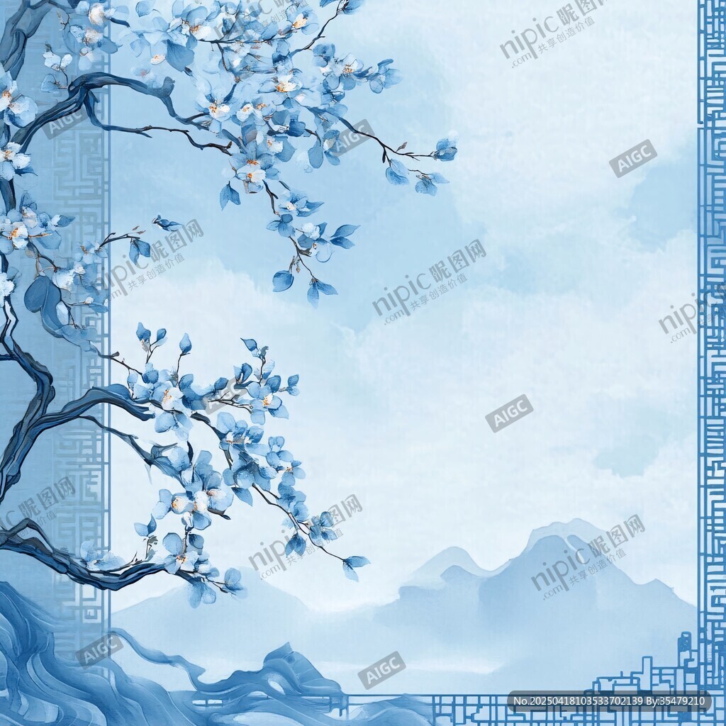 中式蓝调玉兰花山水背景图