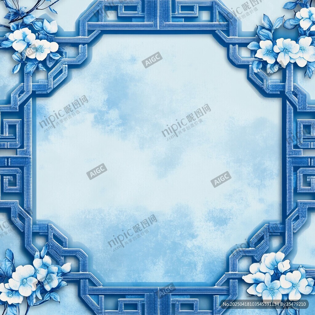 中式蓝调花卉边框背景图