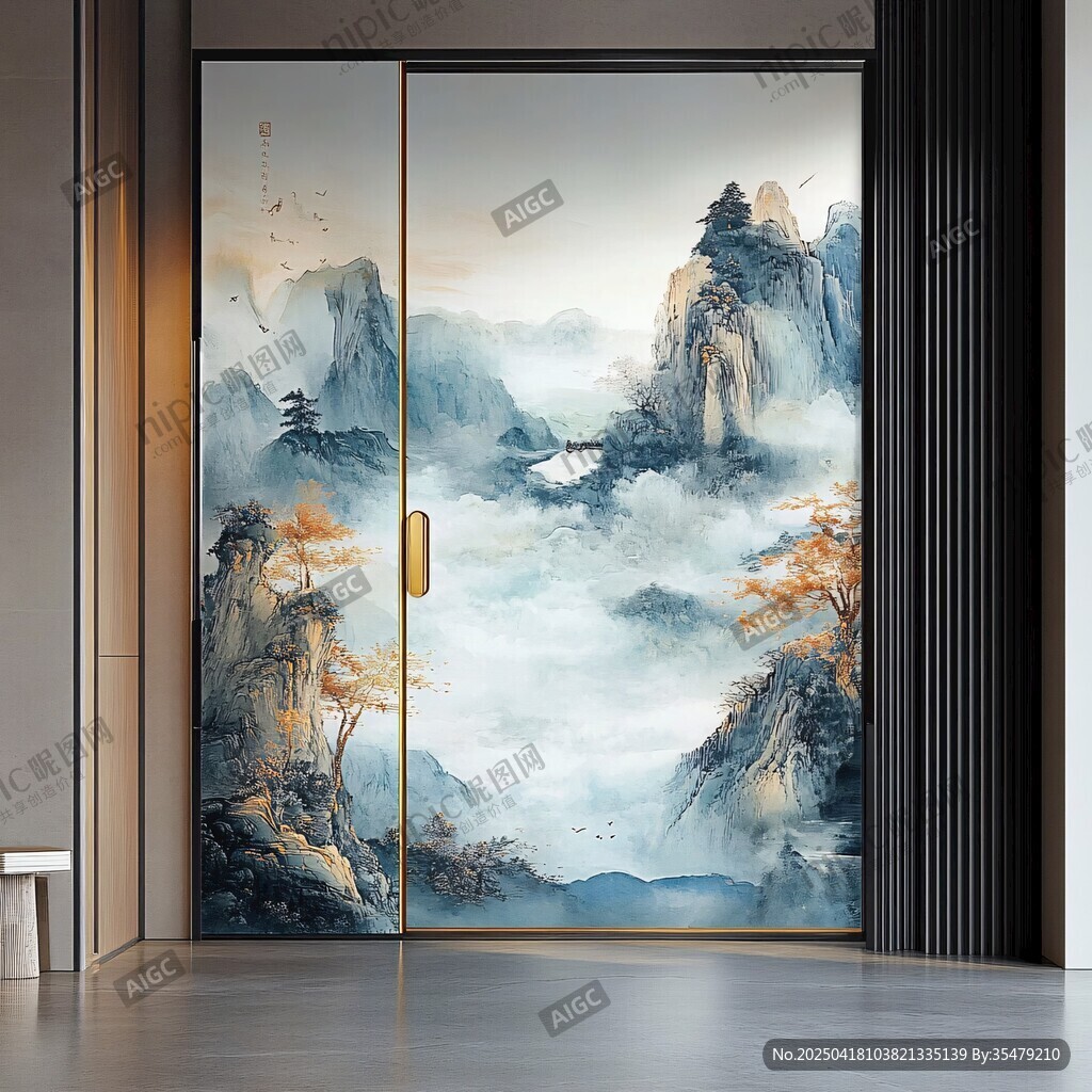 中式山水风移门装饰画