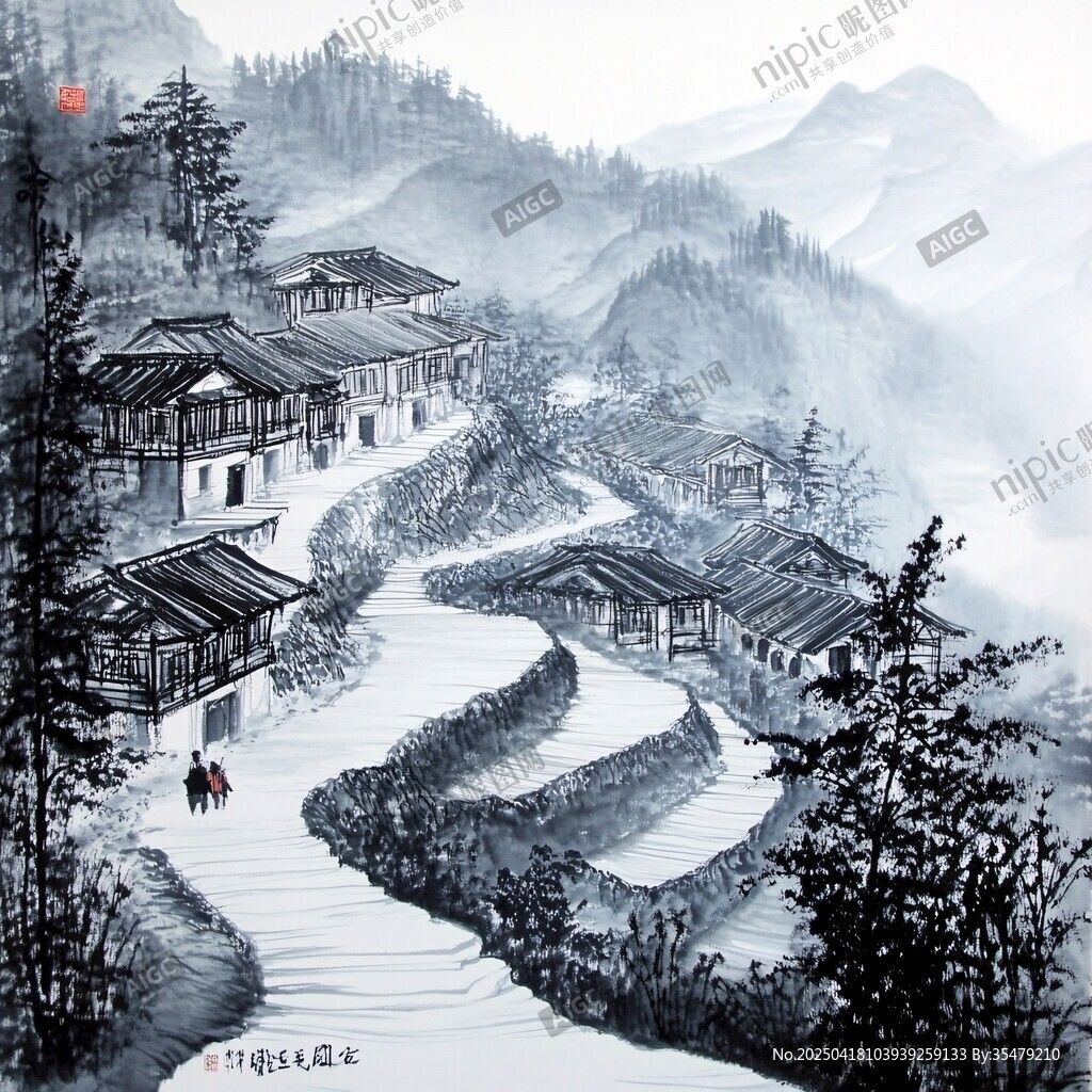 水墨山村雪景图