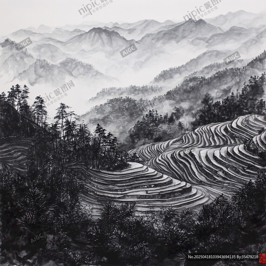 水墨梯田山居图