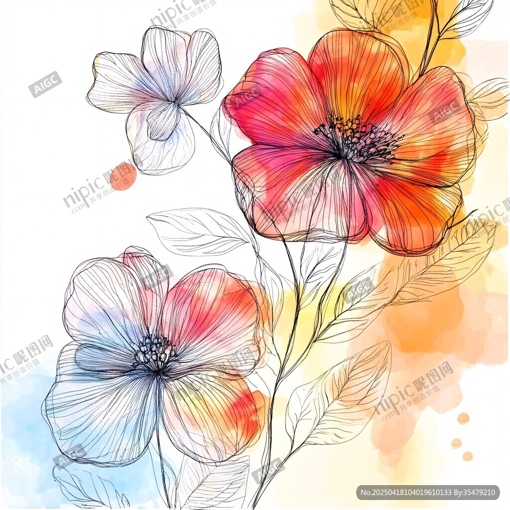 水彩线条绘绚烂花卉