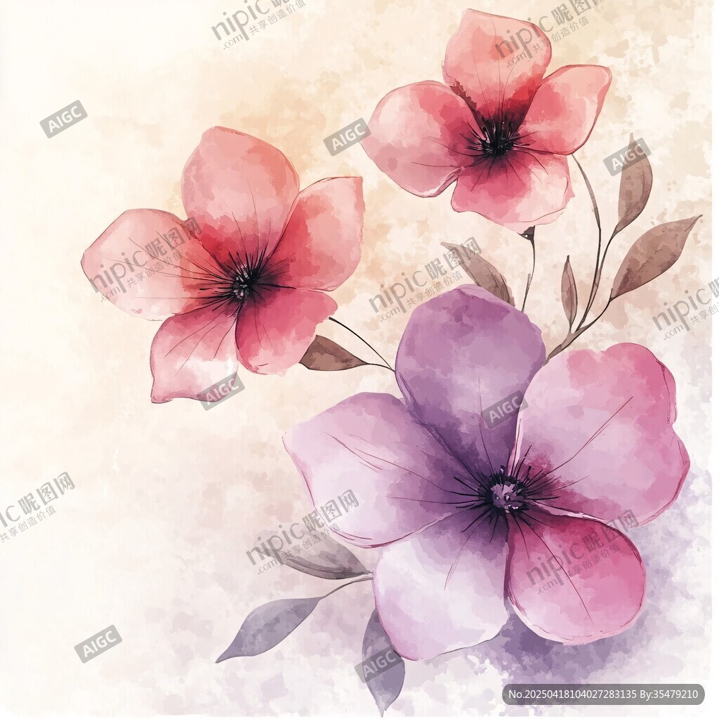 水彩花卉 柔美三色花绽放