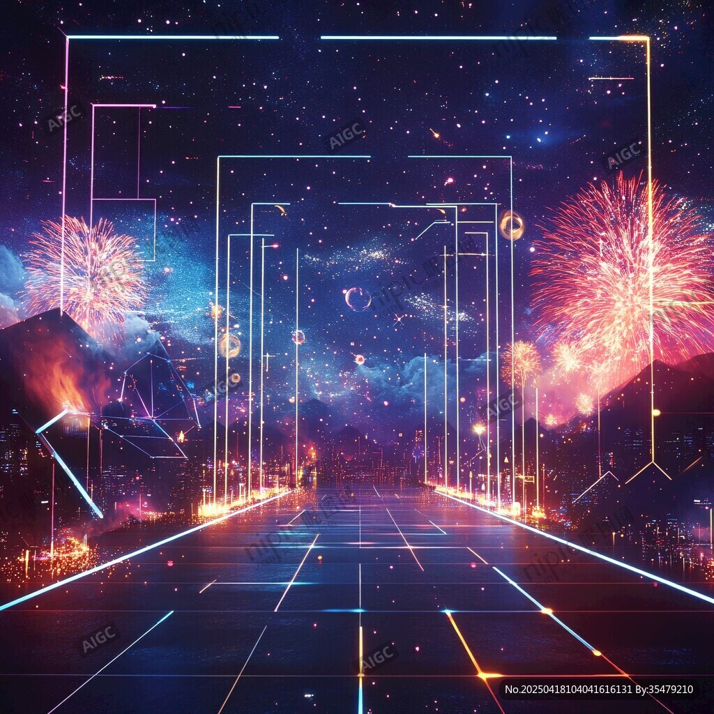 梦幻赛博烟花夜景之路