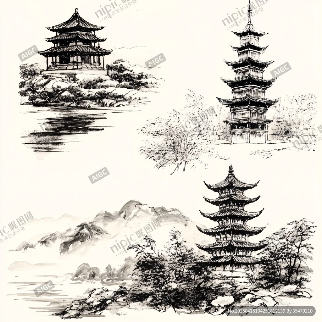中式古典建筑风景水墨画
