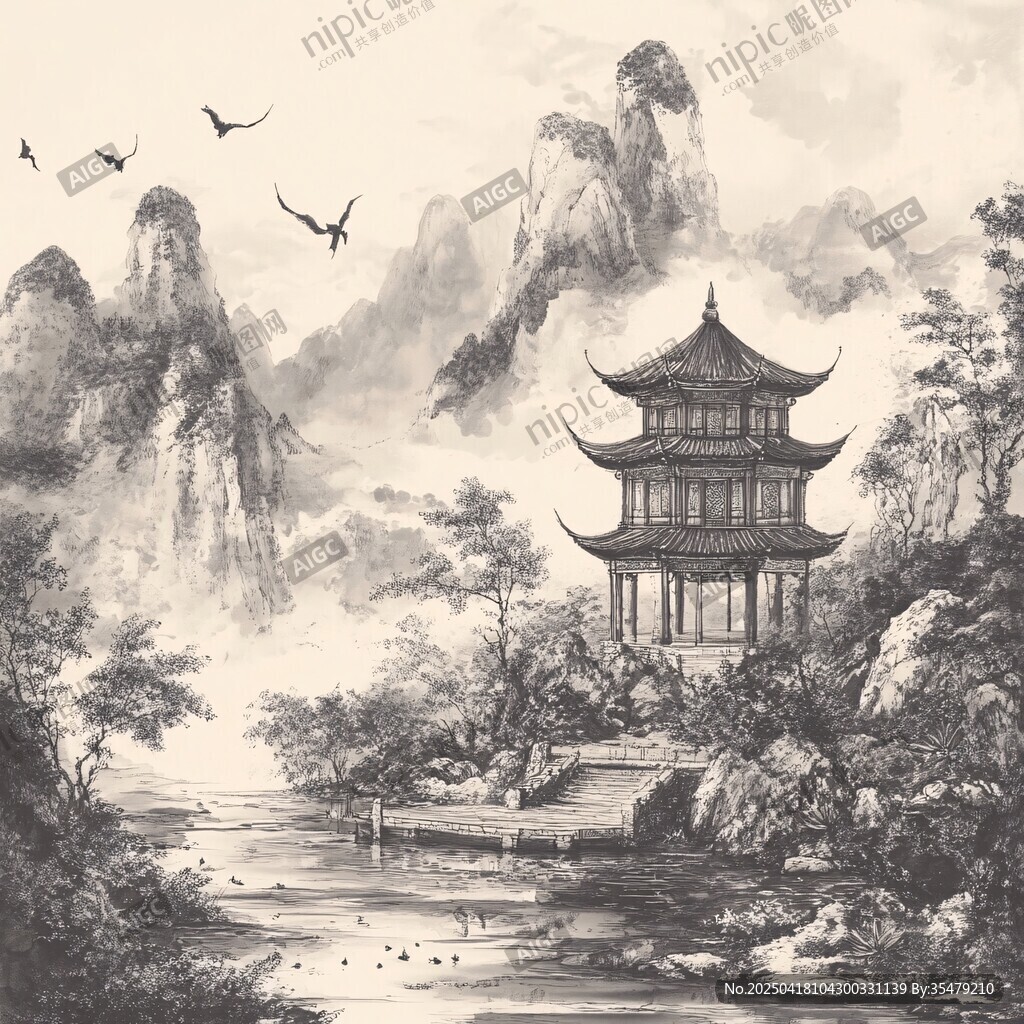 中式山水楼阁图