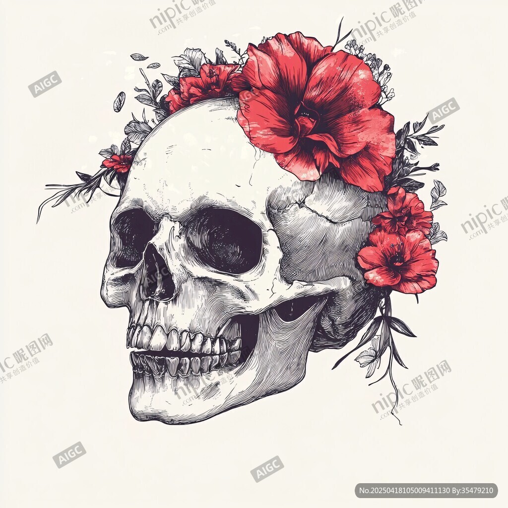 骷髅头花环插画艺术作品