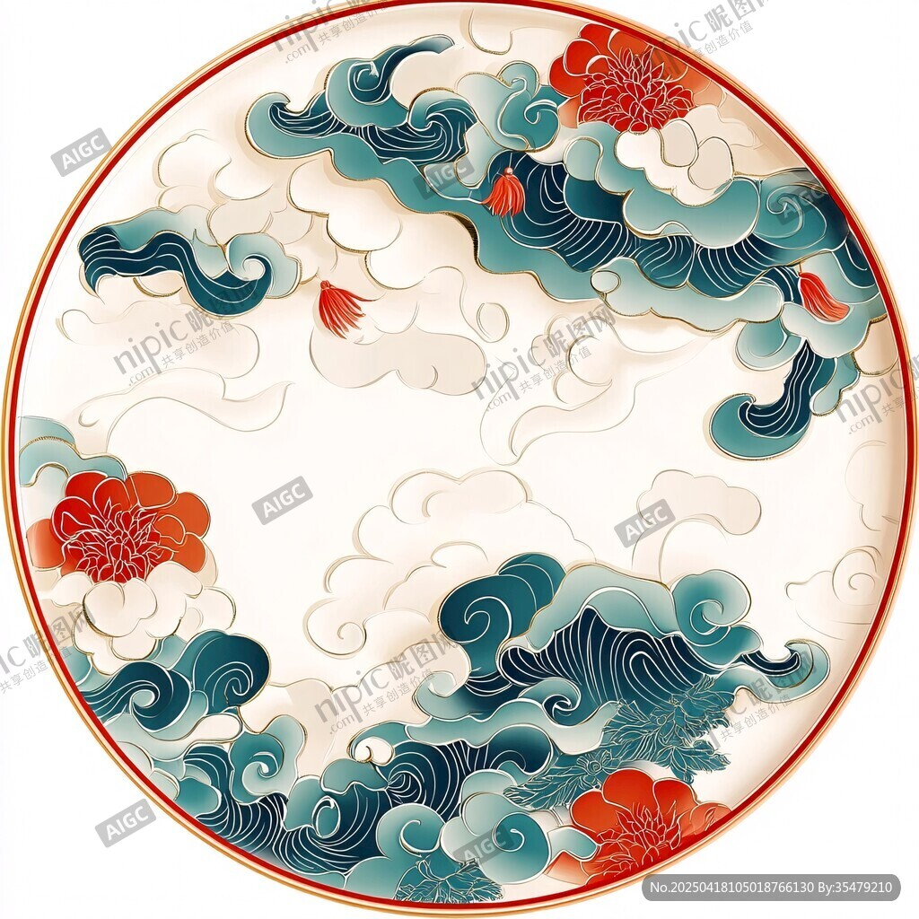 中式圆形海浪花卉装饰图案
