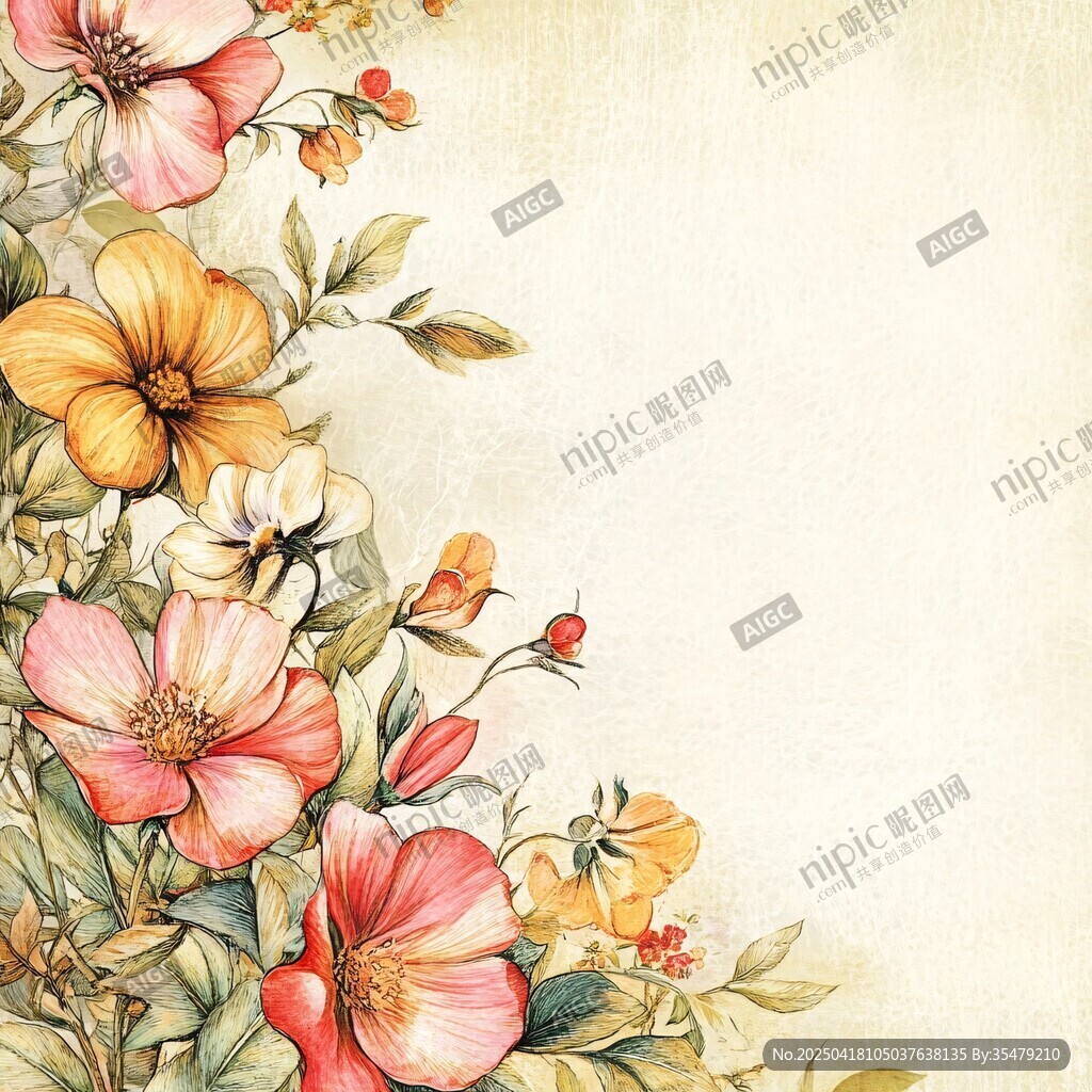 复古花卉角落装饰插画
