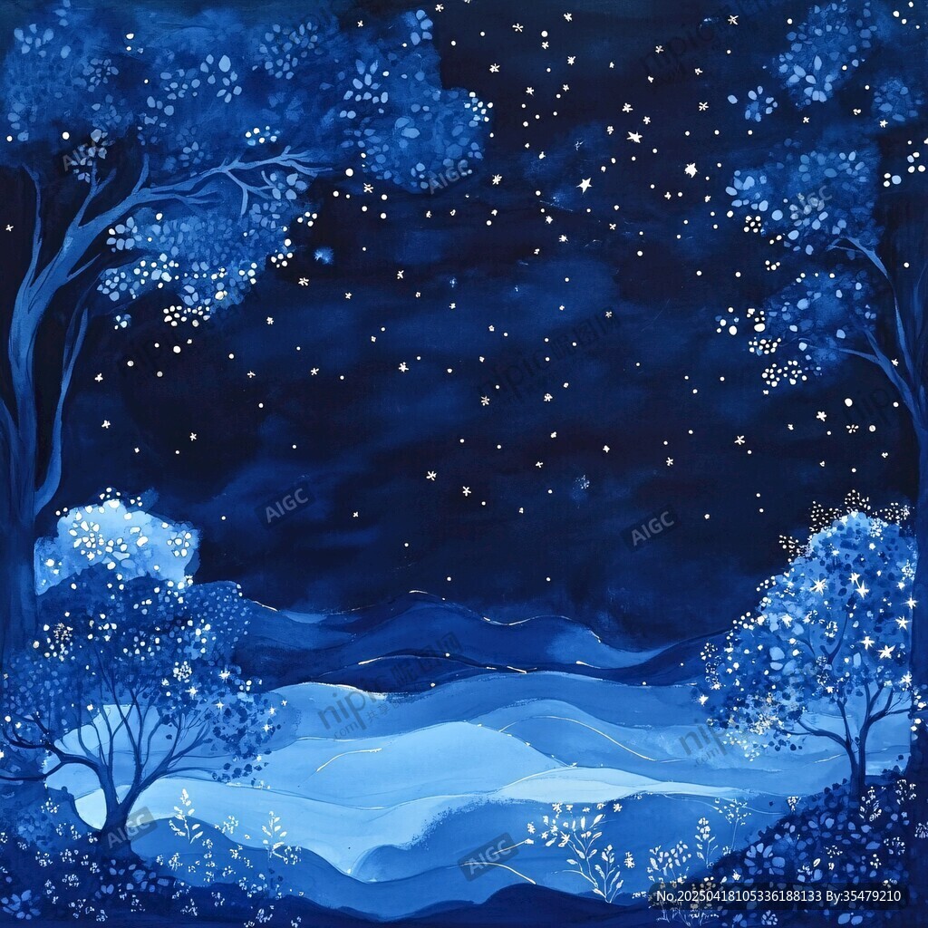 梦幻蓝调森林星空夜景图