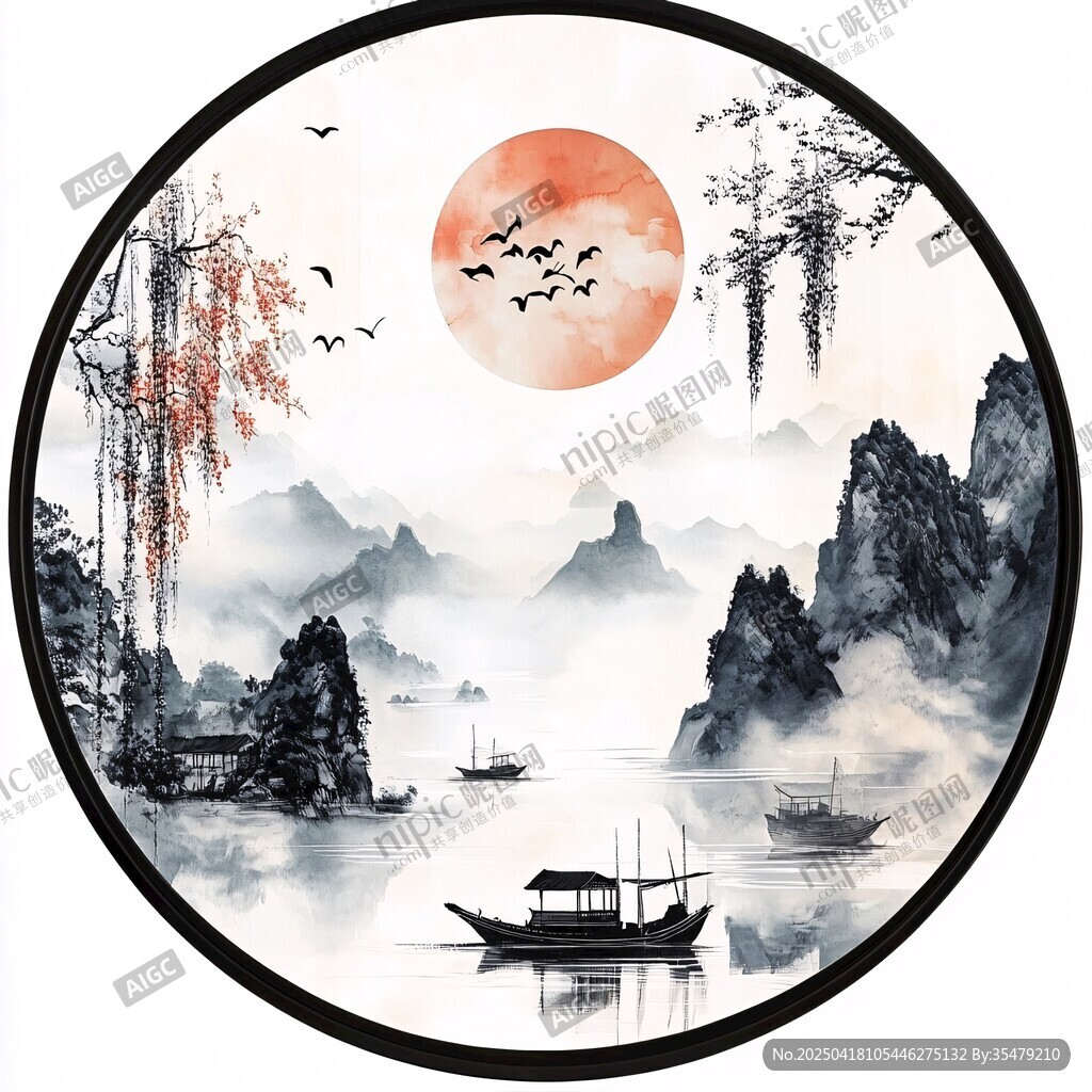 水墨山水间的落日扁舟景