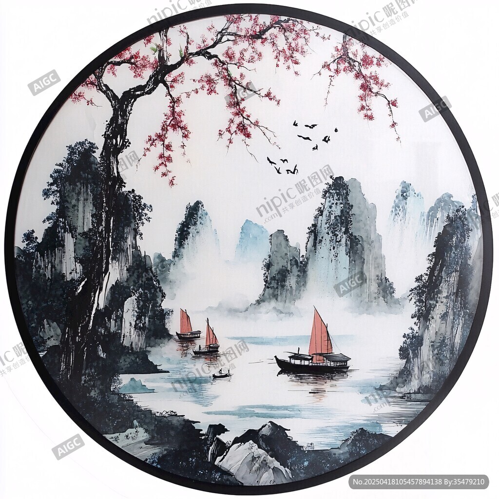 圆形山水国画中的诗意景致