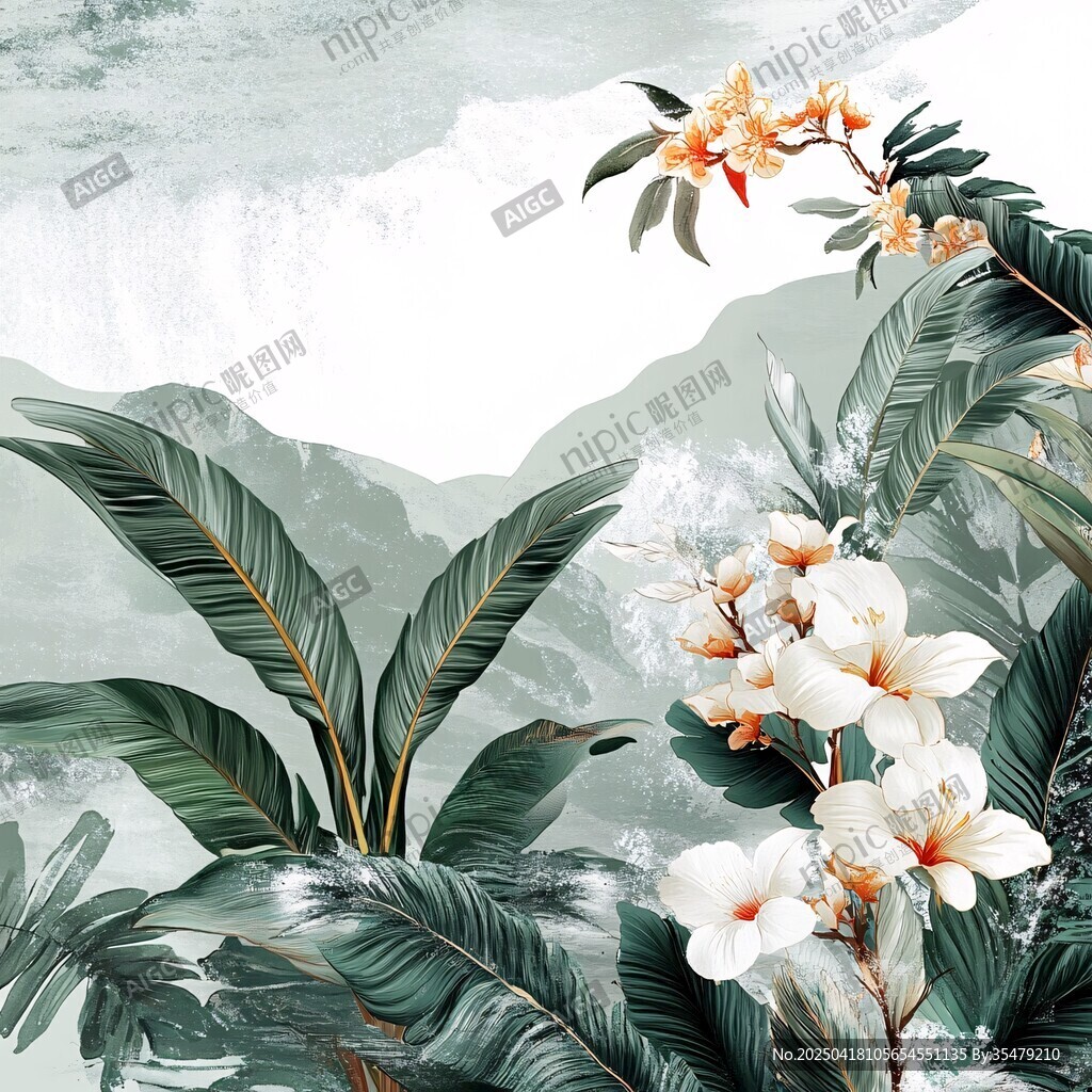 热带植物花卉山水插画