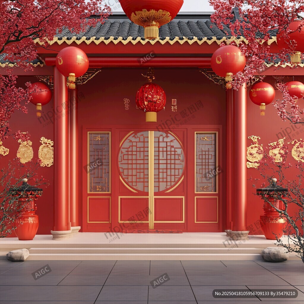 中式红门迎新春景象