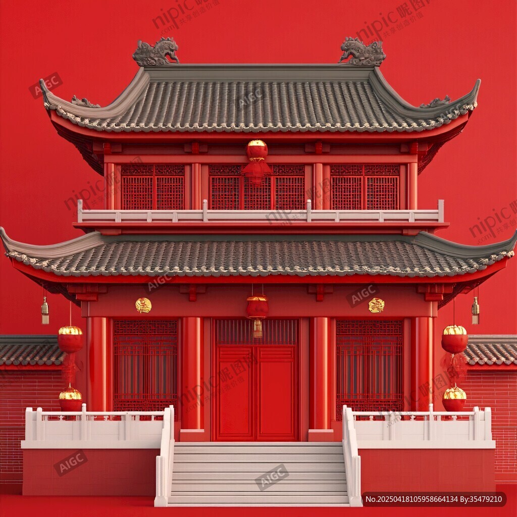 中式红墙古建筑模型