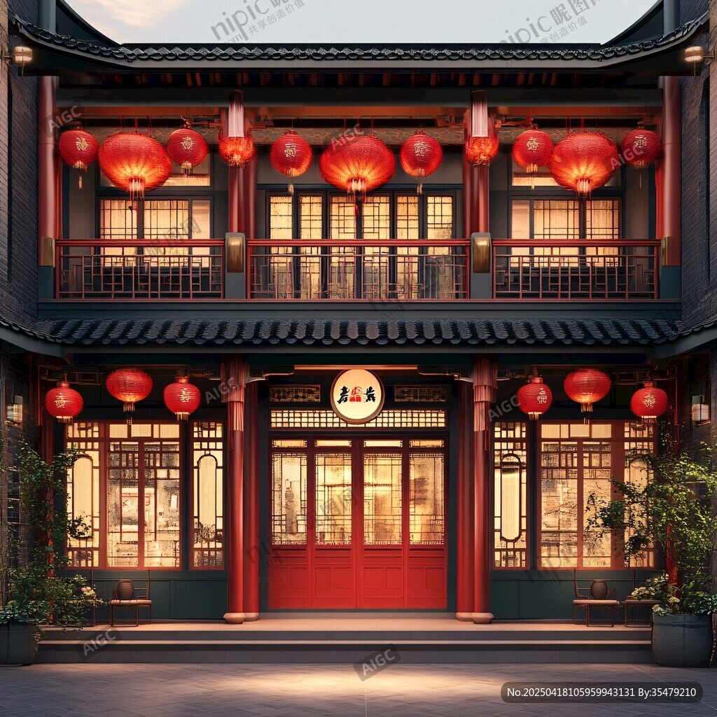 中式古建酒家 红灯笼高挂