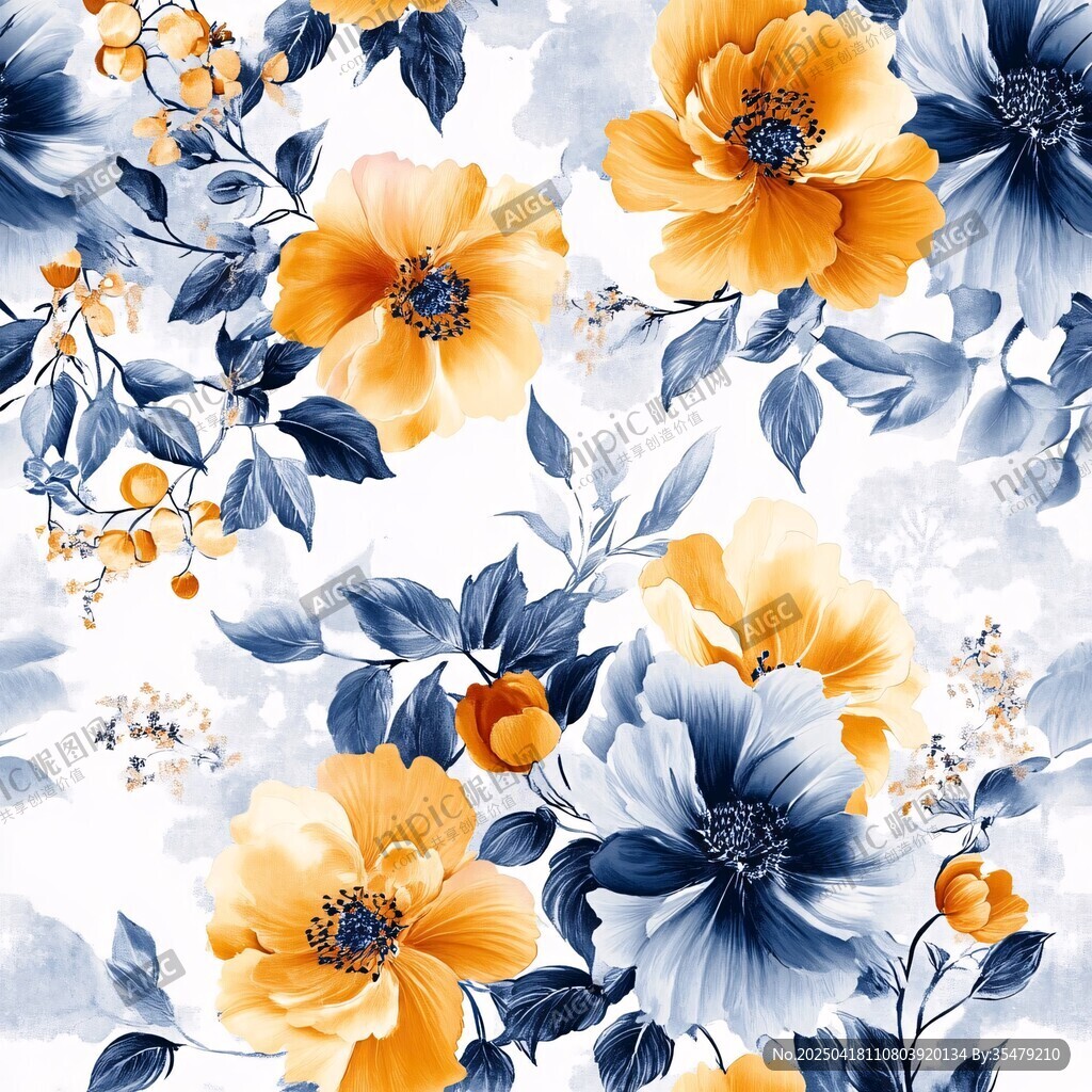 蓝黄花卉图案精美壁纸