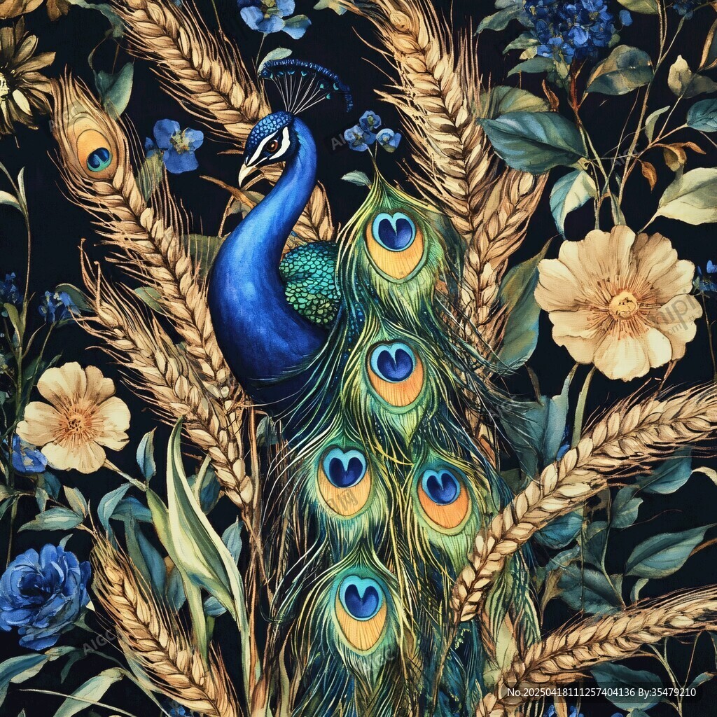 孔雀栖于花草麦穗间
