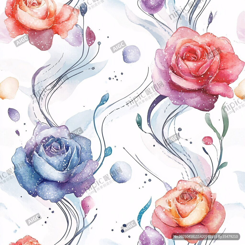 水彩玫瑰花卉梦幻图案