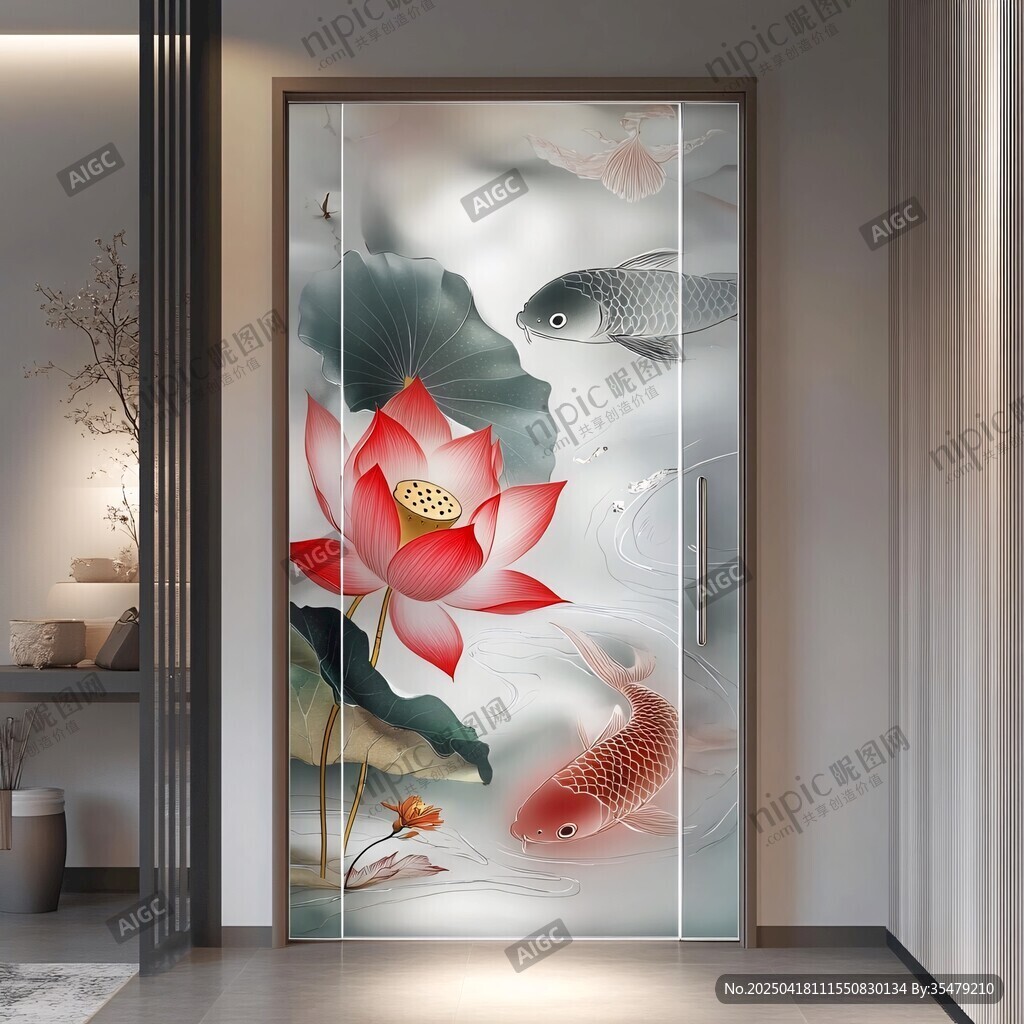 中式荷花锦鲤入户门装饰画