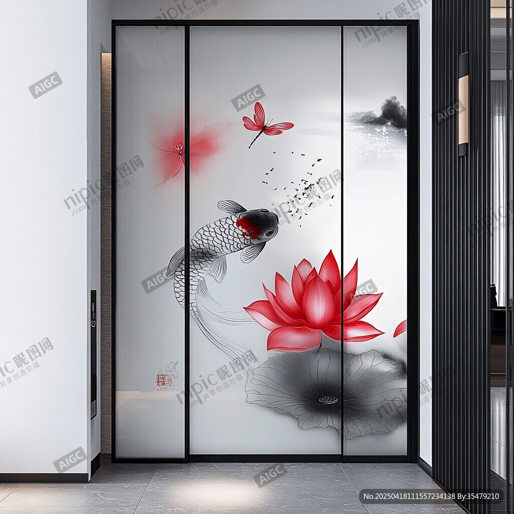 中式水墨风锦鲤移门设计