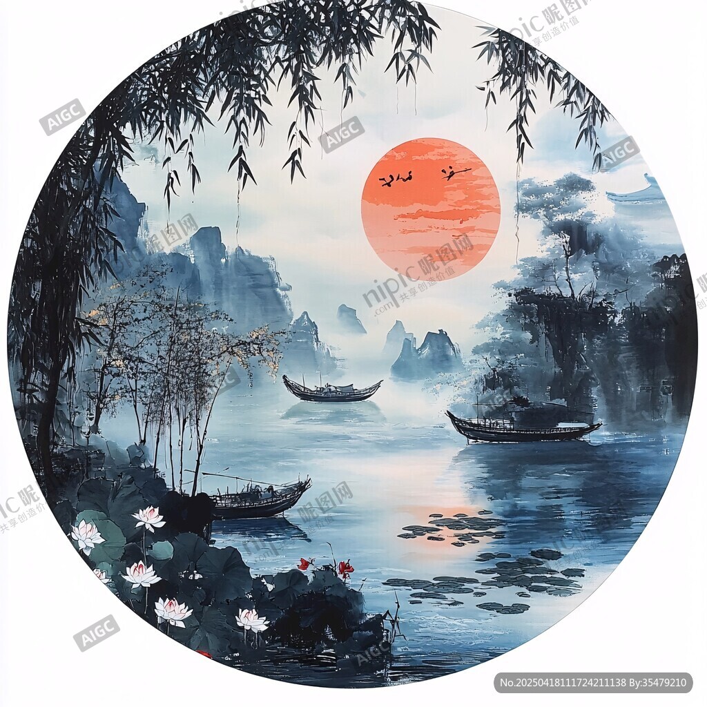 夕阳下的山水行舟图