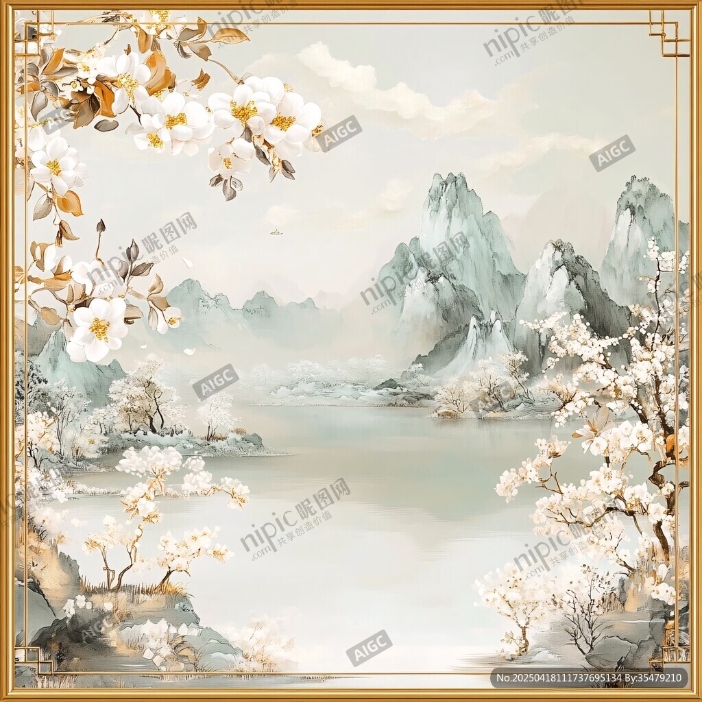 中式山水花卉雅致背景图