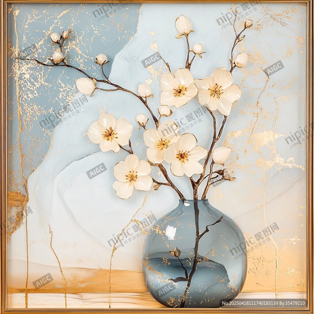 蓝瓶白花装饰画艺术美感