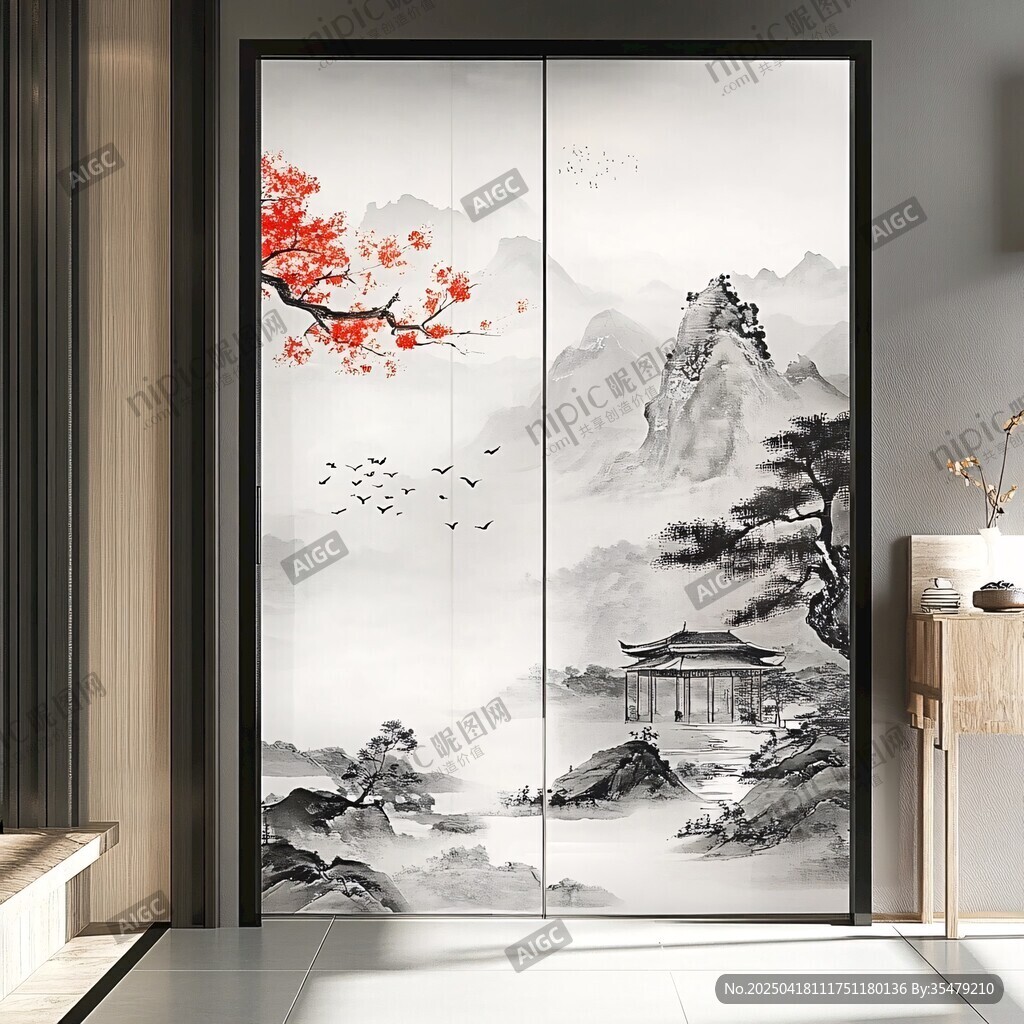 中式山水墨韵衣柜门装饰