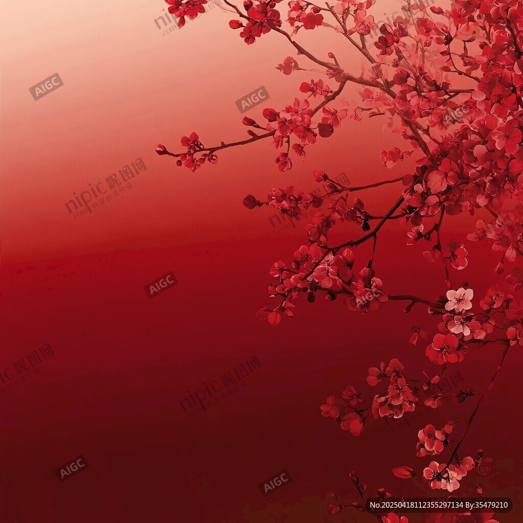 红梅绽放于深红背景