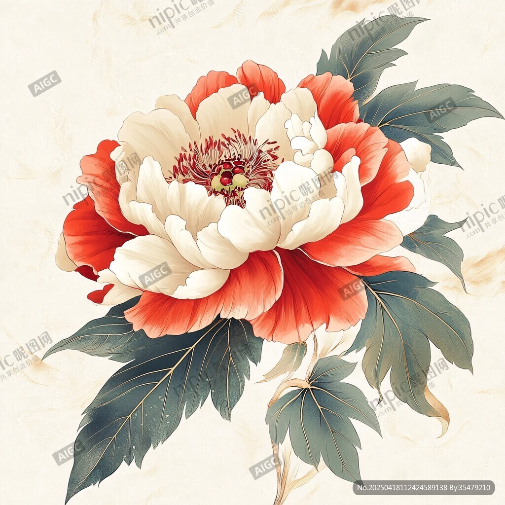 红白牡丹花卉优雅插画