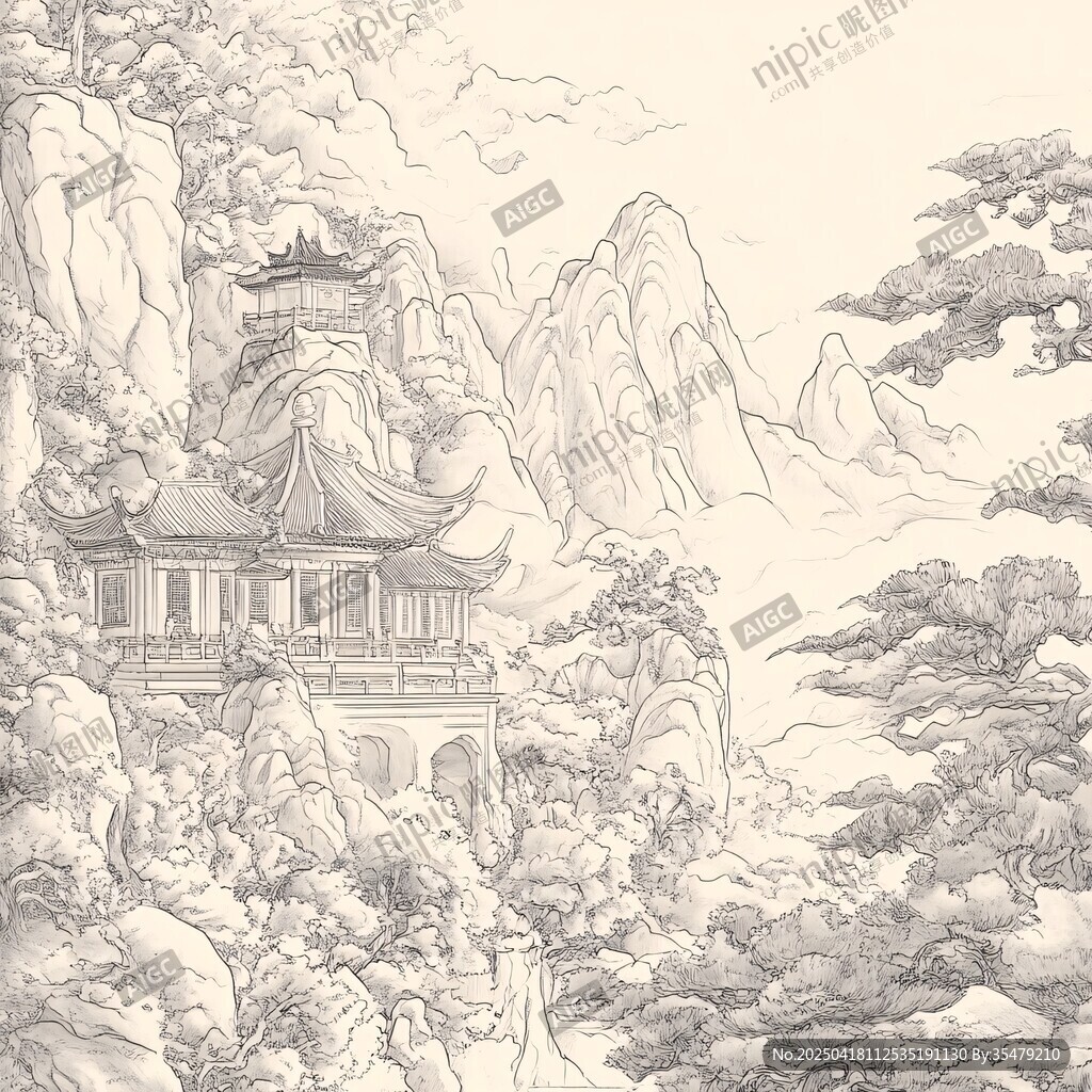 中式山水楼阁白描图