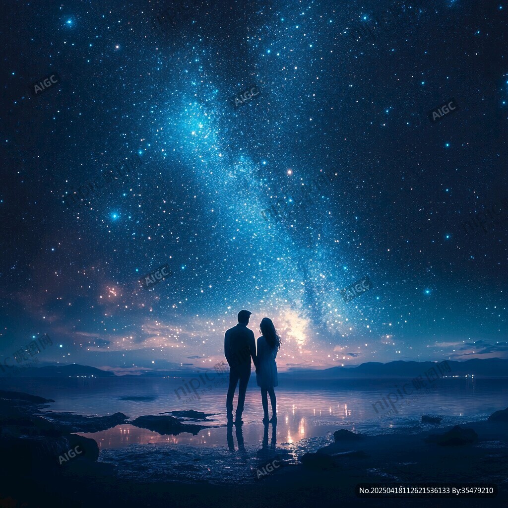 情侣共赏璀璨星空夜景