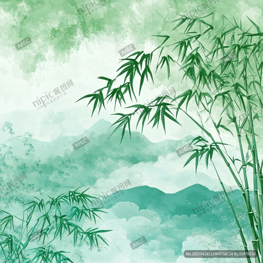 水墨竹林山间景