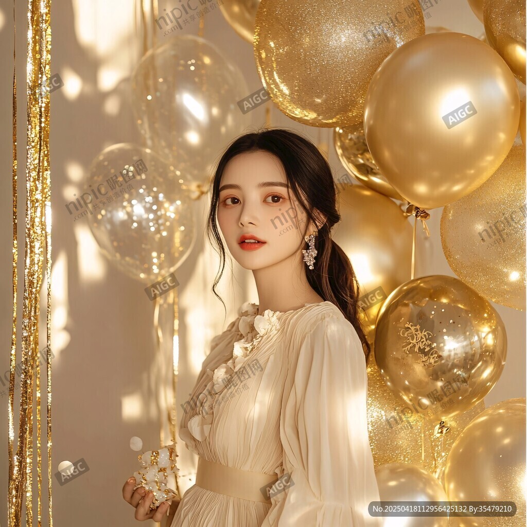 金气球旁的优雅气质女生