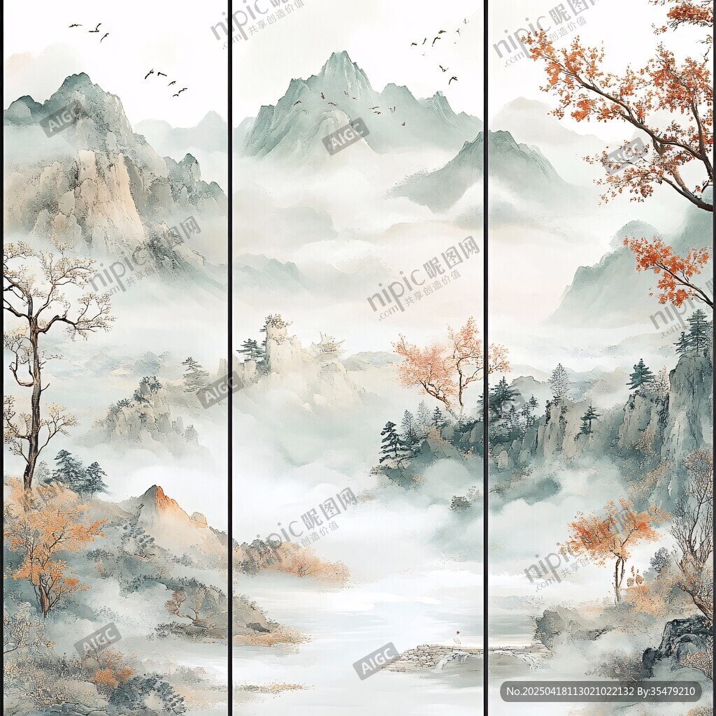 三联水墨山水意境画