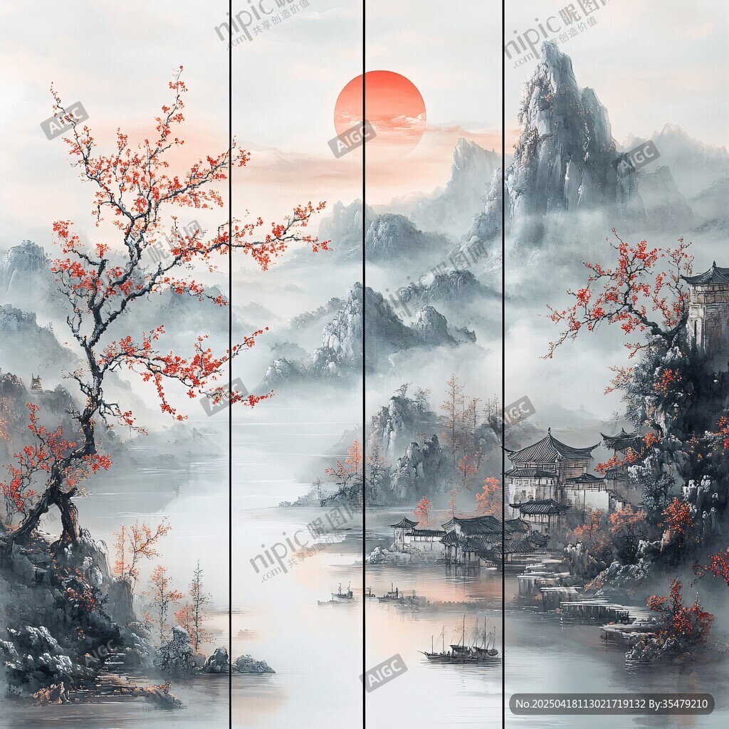 中式山水墨韵四屏画卷